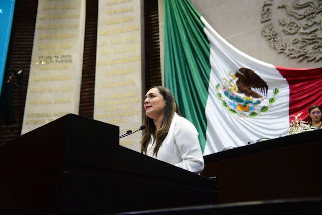 Diputada en tribuna con la bandera de fondo