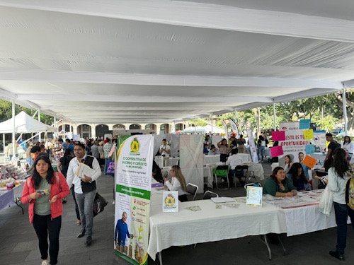 Varias personas recorriendo stands ubicados en plaza de Armas, ofertando empleos