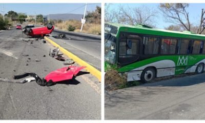 dos fotografías de un autobús y un vehículo accidentado