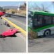 dos fotografías de un autobús y un vehículo accidentado