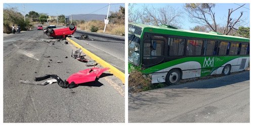 dos fotografías de un autobús y un vehículo accidentado
