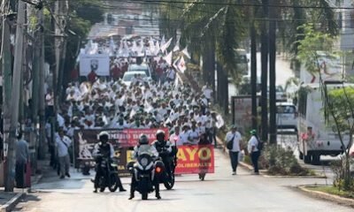 muchas personas vestidas de blanco caminando con pancartas