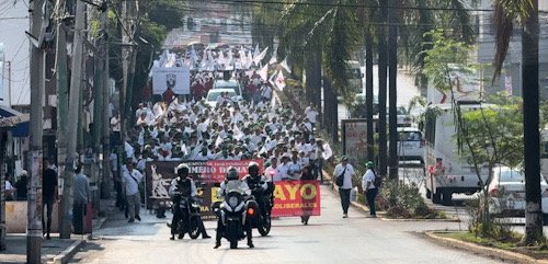 muchas personas vestidas de blanco caminando con pancartas