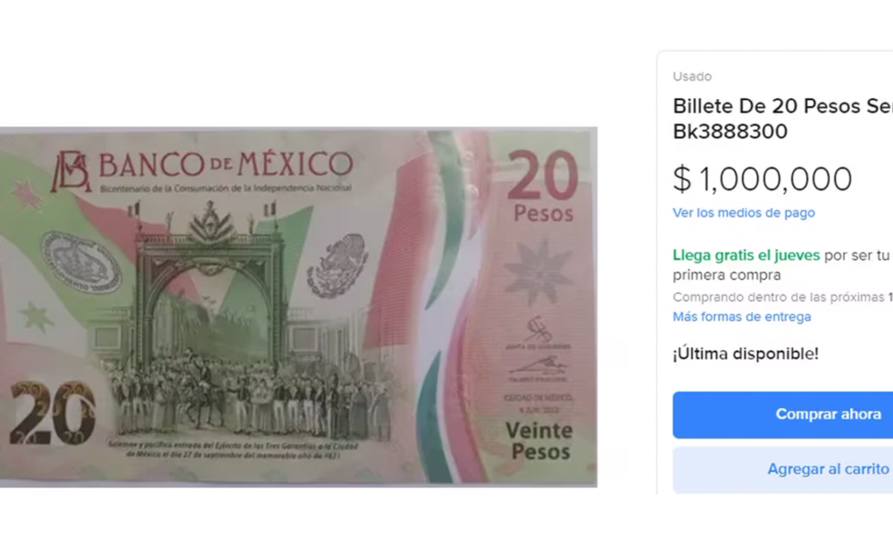 El billete conmemorativo del Bicentenario de la Independencia puede verse a la venta en internet por hasta 1 millón de pesos, pero su valor real es muchísimo menor.