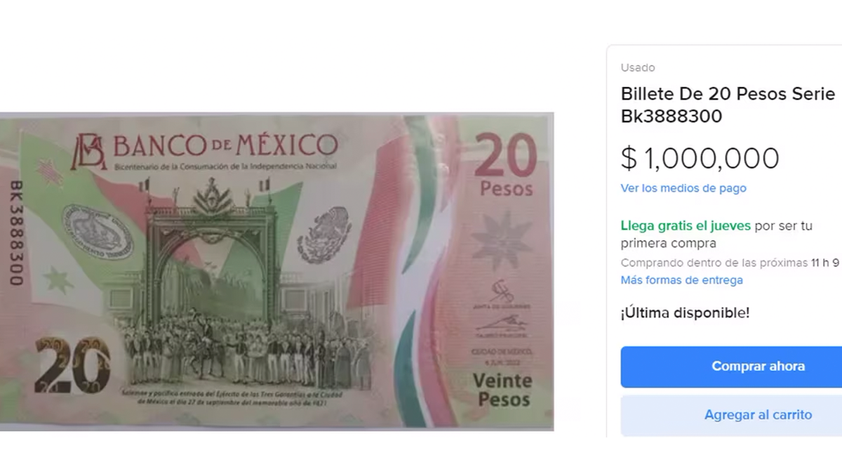 El billete conmemorativo del Bicentenario de la Independencia puede verse a la venta en internet por hasta 1 millón de pesos, pero su valor real es muchísimo menor.